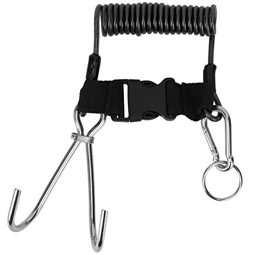equlup Marine Reef Hook, Stainless Steel Marine Sports Reef Double Hook with Spring Rope Safety Telescopic Spring Rope for Diving Scuba Accessories (Clear Black)