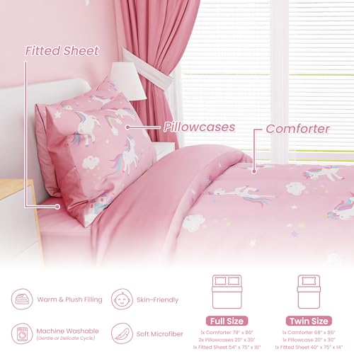 Image of SANDJEST Unicorn Comforter Set Twin Size 68x86in for Kids Girls, Microfiber 3 Pcs Bedding Set Includes 1 Comforter, 1 Pillowcase, 1 Fitted Sheet, Nursery Room Decor