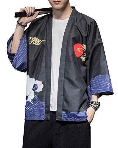 Image of PRIJOUHE Men's Japanese Kimono Cardigan Jackets Casual Long Sleeve Open Front Coat Lightweight Yukata Outwear