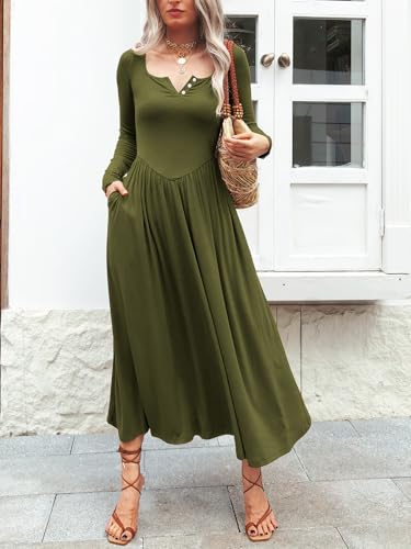 Image of Mieazom Long Sleeves Maxi Dress for Women A Line 2025 V Neck Casual Button Boho Tshirt Long Dress with Pockets Army Green M