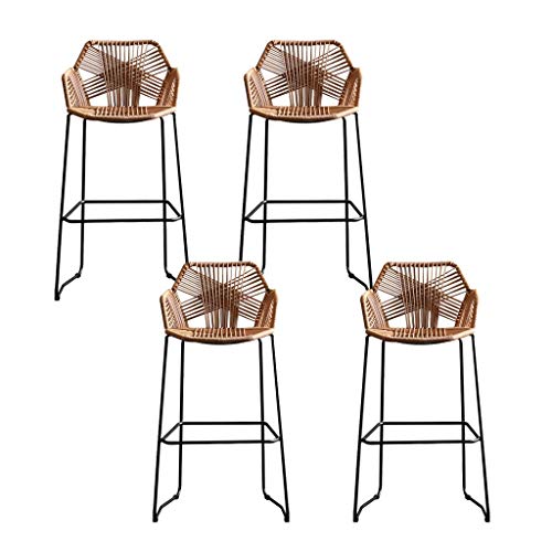Juego de 2 taburetes de mimbre de ratán con reposapiés y respaldo alto con base de metal negro, ideal para cocina, pub, cafetería, mostrador, comedor en casa (65 cm)
