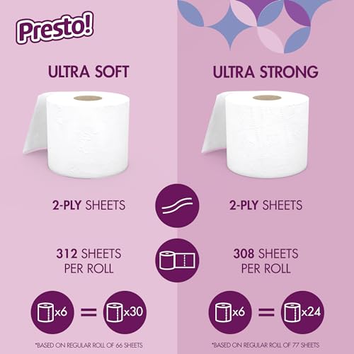 Image of Amazon Brand - Presto! FSC Certified 319 Sheet Roll Toilet Paper, Ultra 3-Ply, Unscented, 6 Rolls (Pack of 4), 24 Mega Rolls = 96 Regular Rolls, 7656 Count