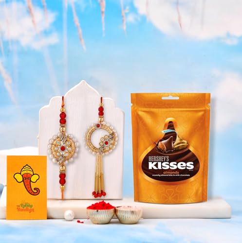 Image of CraftVatika Rakhi with Chocolate Gift Combo Set for Brother and Bhabhi, Kundan Couple Pair Rakhi for Bhai Bhabhi, Premium Lumba Raki with Tikka for Bhai, Rakshabandhan Rakhi Gift for Bhaiya