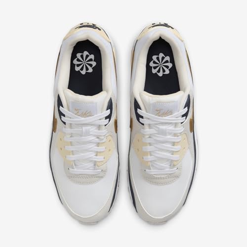 Nike Air Max 90 Next Nature Women's Shoes (HF3444-100, White/Obsidian/Coconut Milk/Metallic Gold) Size 8.54