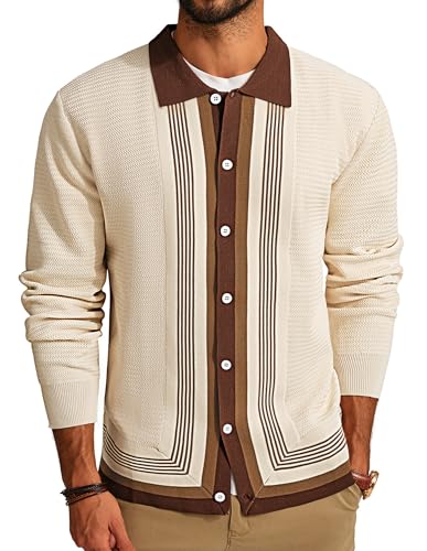 PJ PAUL JONES Men's Polo Collar Long Sleeve Cardigan Sweater Button Down White Brown