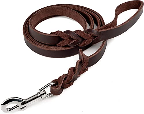 Mighty Paw LEATH_LEASHBRAID Braided Leather Dog Leash - Heavy Duty Genuine Pet Lead - Soft Handle - Strong Metal Swivel Clip - Leather Braided Leash For Large Dogs - Dog Leashes Leather cover