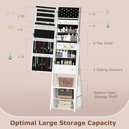 Image of VECELO Jewelry Cabinet with Lights, 63 inch Full Length Mirror with Jewelry Storage, Lockable Standing Jewelry Mirror Cabinet, 3 Colors Mode, Powered By USB, Cool White