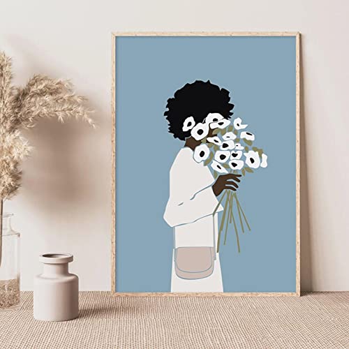 Peinture toile femme noire et fleurs, décoration murale poétique 40x60cm