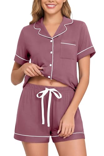 Image of Veseacky Womens Pajamas Set Short Sleeve Sleepwear Button Down Pjs Comfy 2 Pieces Soft Lounge Set S-XXL
