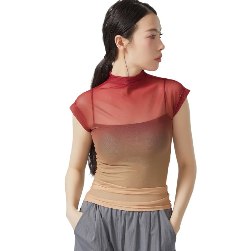 HEARTTOUCH Women Mesh Ballet Wrap Top Sheer Blouse Dance Yoga Shirts Workout T Shirt Slim Fit Gym Tops Sport Pullover Shirts (Red,Medium)