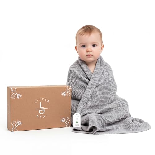 Image of Organic Cotton Baby Blanket 30x40 in, Harbor Mist - GOTS Certified, Soft Knit Swaddle with Gift Box, Breathable Nursery Blanket for Crib & Stroller, Machine Washable
