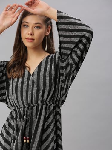 Image of SHOWOFFFF Women Stripe Print Empire Party Dress | V Neck Full Sleeves Lycra Dress for Womens | Above Knee Dress for Women's