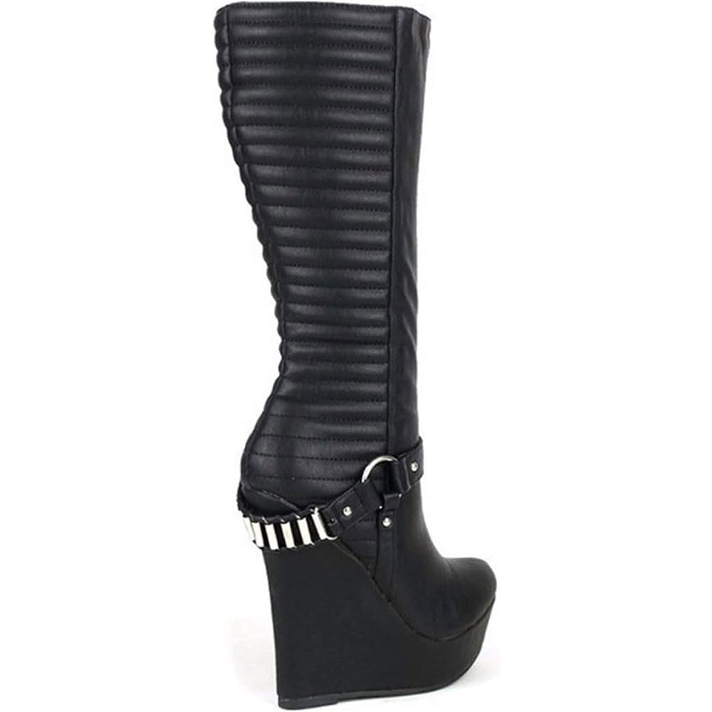 Stivali da moto invernali con tacco alto Stivali con zeppa a tubo ﻿medio Stivali da donna Cintura con catena in metallo Piattaforma impermeabile scarpe/Black/35EU