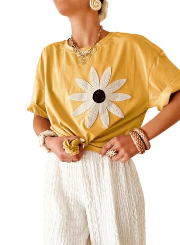 TUREAU Womens Loose Fit Short Sleeve Crew Neck T-Shirt Solid Casual Floral Tops for Beach Work and Everyday Wear Yellow S