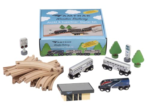 Amtrak Wooden Train ALC42 Superliner Set Compatible with Other Railroads w/Station-Track & Signs