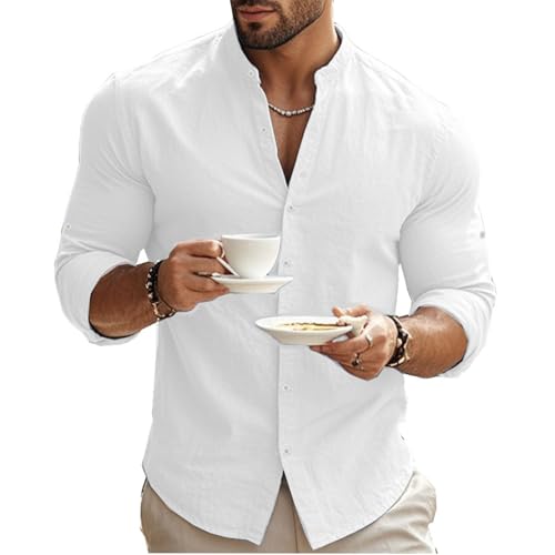 Image of Men's Linen Shirts Grandad Collar Long Sleeve Summer Shirt for Men UK Button Down Tshirt Beach Holiday Outing Tops Adult Outing Causal Cardigan Collared Lightweight Hawaii T-Shirts S-3xl A-White
