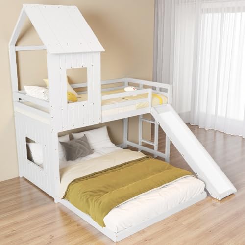Zubaliya Lit superposé Enfant 90 x 200 et 140 x 200 cm avec Toboggan,lit cabane Enfants,avec Grille de Protection Anti-Chute,fenêtre et Toit,échelle à Trois Niveaux,pin + MDF,Blanc
