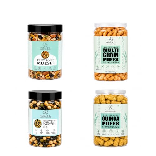 Image of WellNuts & Co. Healthy Snack Combo Pack of 4 |Fruit Nut Meusli - 200g, Multigrain Puffs Punjabi Masala - 200g, Protein Booster - 200g, Quinoa Puffs Smoked Garlic - 200g| Roasted & Ready to Eat Snacks | High Protein & High Fiber Combo | Snacks for Healthy Everyday