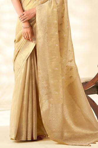 Image of SWORNOF Gold-Toned Woven Design Silk Zari Tissue Saree | Saree for Women | Soft and Skin Friendly