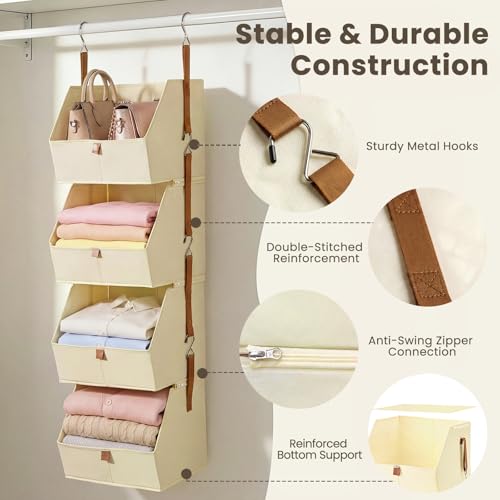 LASTORA 4-Tier Modular Sturdy Hanging Closet Organizer, Heavy-Duty Detachable Clothes Hanging Shelves with Reinforced Zippers and 8 Durable Hooks, Hanging Camper Organizer for Bedroom, RV, Nursery - Image 4