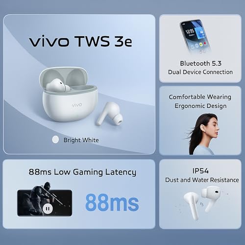 Image of vivo TWS 3e True Wireless Earbuds | Bluetooth 5.3, AI Noise Cancellation, 42H Battery, 88ms Low Latency, Dual Device Pairing, IP54 Splash Resistant - (Bright White)