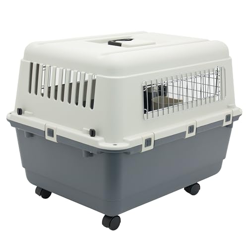 Image of SportPet Airline Compliant MEDIUM 24.25 inch Travel Dog Kennel-Durable Plastic Airline Pet Carrier w /Removable Wheels & Food Bowls, Collapsible Indoor /Outdoor Dog Kennel, Dogs up to 23 inchL & 15 inchH-Cream /Gray