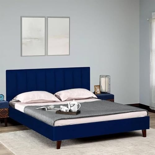 Image of Wooden Modern Upholstered King Size Bed for Bedroom | Wooden Double Bed Without Storage | Platform Cot Upholstered Bed with Upholstery Fabric | Engineered Wood | 6.5 x 6 Ft | Blue-B