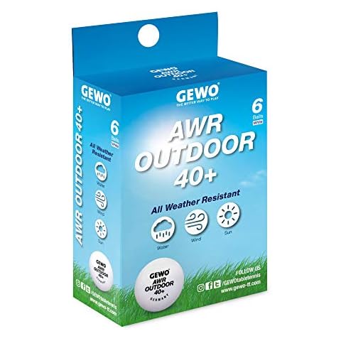 GEWO AWR Outdoor 40+ Table Tennis Balls - Water-Repellent Plastic Outdoor Table Tennis Balls, Weather-Resistant Training Table Tennis Balls, 40+mm Diameter, Pack of 6, White Cover