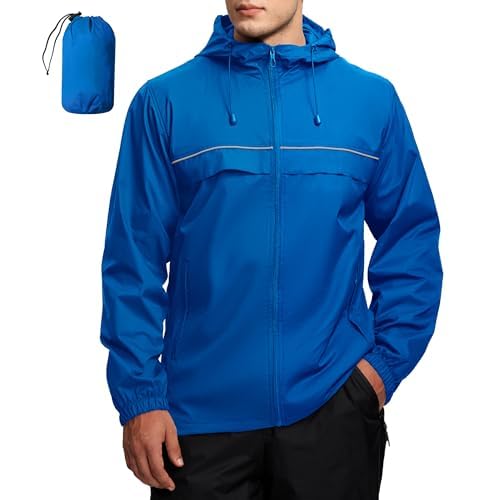 ZITY Mens Rain Jacket Waterproof Lightweight Windbreaker Packable Hooded Raincoat for Hiking Golf Cycling Travel Blue Large