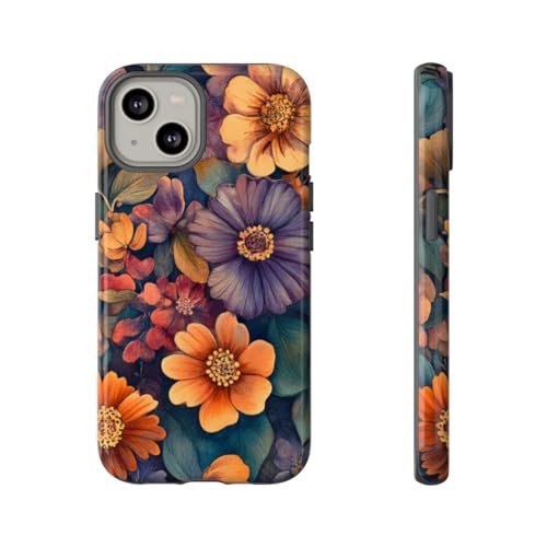 Coque résistante iPhone 14 orange brillante antichoc motif floral aquarelle