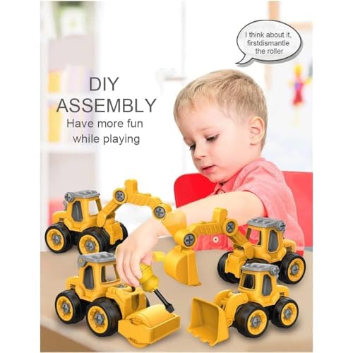 Image of Unbreakable Construction Vehicles for Kids Pretend Play Toy Trucks Bulldozer Play Set Building Vehicles Set for Kids 3-14 Years Excavator Pack of 4 (DIY 4Set)|Multicolor