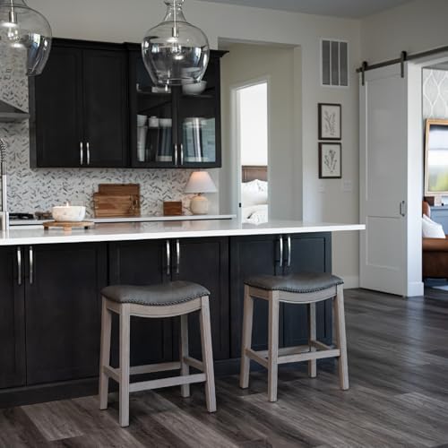 Image of Maven Lane Adrien Backless Counter Stool - Set of 2 - 26 Inches - Saddle Stool with Footrest - Grey Solid Wood Frame & Grey Faux Leather Upholstery - Perfect for Kitchen Islands & Counters