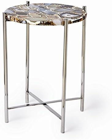 Tozai Black/Natural Agate Round Side Table with Nickel-Plated Base