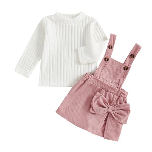 Toddler Baby Girl Fall Outfits Long Sleeve Ribbed Sweater Tops Corduroy Suspender Skirt Shorts Overalls Dress Set
