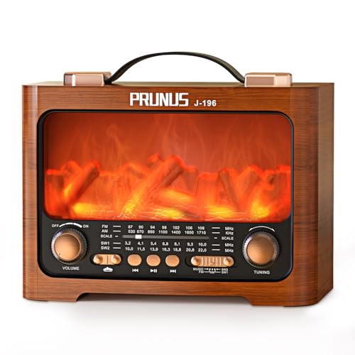 PRUNUS J 196 Am/FM/SW Radio Vintage Retro | Radio Portatil Pequeña Bluetooth | Transistor Radios Excelente Recepción | LED en Forma de Llama | Recargable de 1800mAh | Ranura USB/TF, para Cocina,Salón