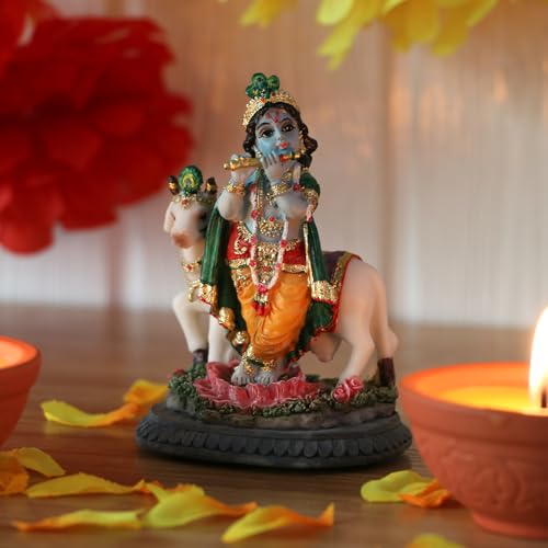 Alikiki Piper Krishna and Cow Statue - Sri Krishna Culture New Hand Crafted Indian Statue Standing and Playing the Flute, Multi-Colored, 3.8"H x 2"L x 1.7"W, Resin