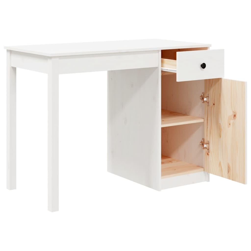 Escritorio blanco 100 x 50 x 75 cm de madera maciza de pino con cajón y armario, amplia superficie de trabajo para ordenador y libros, ideal como mesa de ordenador o mesa de trabajo