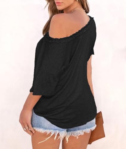 Womens Plus-Size T-Shirt Short Sleeve Summer Tops One-Shoulder Loose Shirts (1X-5X)2