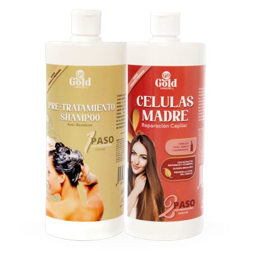 Gold DIAMOND – Kit de Alisado Células Madre Sin Formol – Tratamiento de Keratina Fortalecedor y Reparador para Cabello Débil, Fino y Quebradizo – Compatible con Color y Tinte (Kit Grande, 1000mL)
