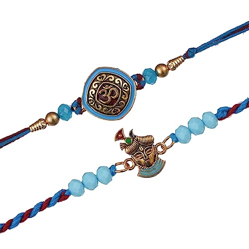 Image of eCraftIndia Multicolor Set of 2 Om Symbol and Peacock Designer Religious Rakhis with Roli Chawal Pack