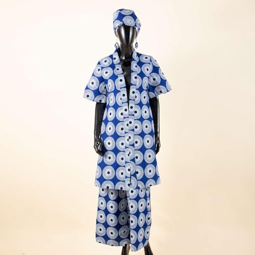 African Coat for Women 2 Piece Suit Set Traditional Ankara Print Jacket and Pants with Headwrap and Earrings2