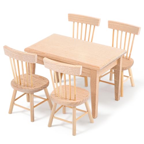 Mesa y sillas de madera 1/12 juego de 5 muebles miniatura para comedor de casa de muñecas