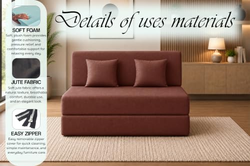 Image of Sofa Cum Bed with Jute Fabric, Convertible Two Seater Sofa Bed 4x6 Ft, Comfortable Cushioned Seating, Space Saving Design for Living Room, Bedroom & Guest Room - Brown Color