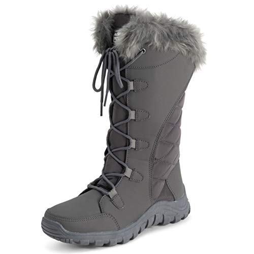 POLAR Womens Quilted Faux Fur Cuff Winter Duck Rubber Sole Durable Snow Rain Outdoor Boots - Grey Nylon Tall - EU40/US9 - YC0658