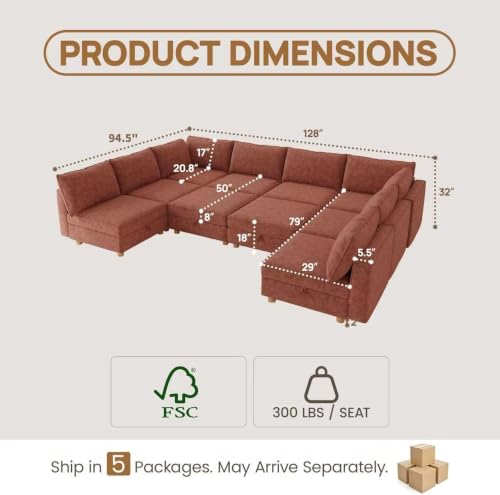 Image of 128 inch Chenille Modular Sofa Bed with Washable Covers & Storage, 10-Seater Modular Sectional Sleeper Sofa Bed with Movable Ottoman Chaise, Convertible Sleeper Sectional Couches for Living Room, Orange