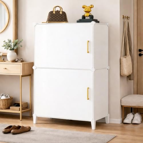 Image of Mevigo 4-Tier Shoe Rack with 2 Doors| Holds 8 Pairs |Waterproof & Dustproof Modular Plastic Shoe Cabinet| Foldable Stackable Shoe Organizer with Metal Frame |Space Saving Storage for Home,Entry Way
