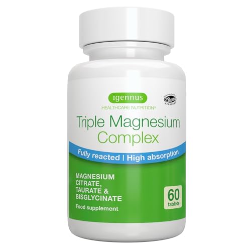 Igennus Fortschrittlicher Dreifach-Magnesium-Komplex, vollständig ausreagiertes & chelatiertes Glycinat, Taurat & Citrat, Clean Label, hohe Bioverfügbarkeit & Absorption, 60 Tabletten, Vegan