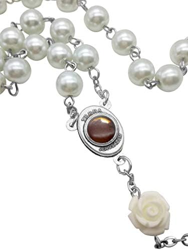 Nazareth Store Pure White Pearl Beads Rosary Necklace Our Rose Lourdes Medal & Cross Crucifix, Stone