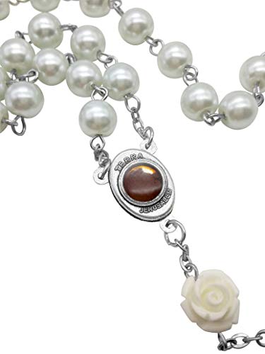 Nazareth Store White Pearl Beads Rosary Roses Mystery Beads Prayer Necklace Our Rose Lourdes Medal and Cross Crucifix - Thumbnail 5