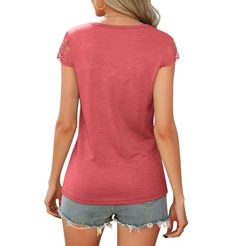 Image of Womens Tops V Neck Short Sleeve T Shirts Womens Summer Tops Casual Soft Basic Lace Tops Spring Summer Tees Clothes 2026